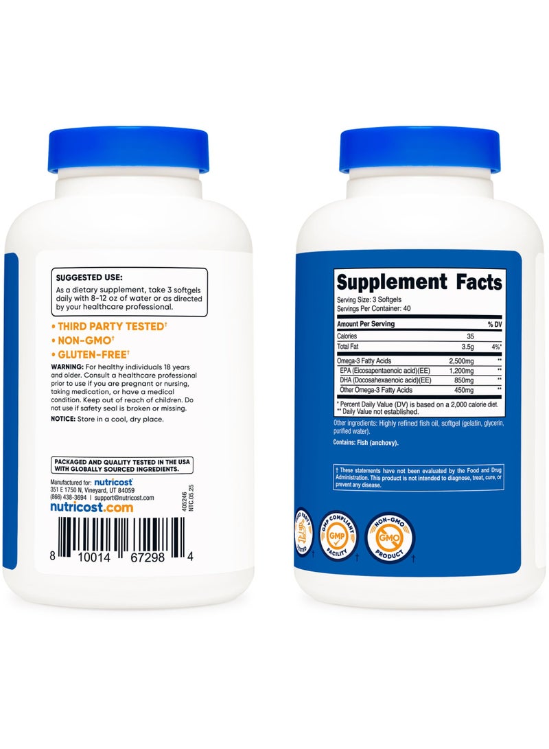 زيت السمك أوميغا 3 بتركيز 2500 ملغ من Nutricost – مكمل غني بـ EPA وDHA – 120 كبسولة هلامية - Image 5
